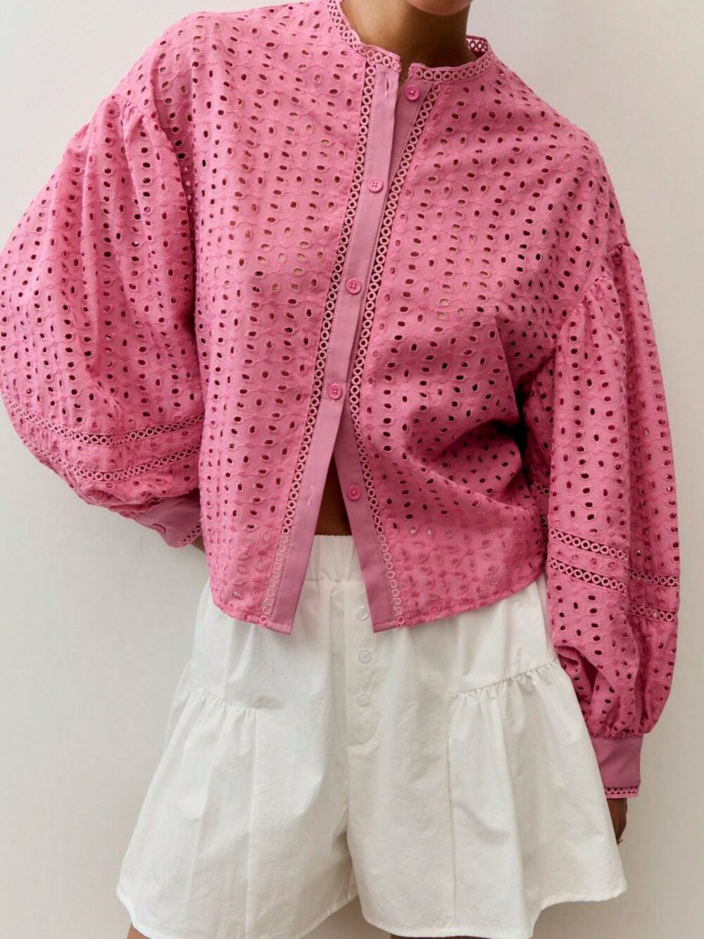 Pink Casual Women's Button Down Eyelet Blouse
